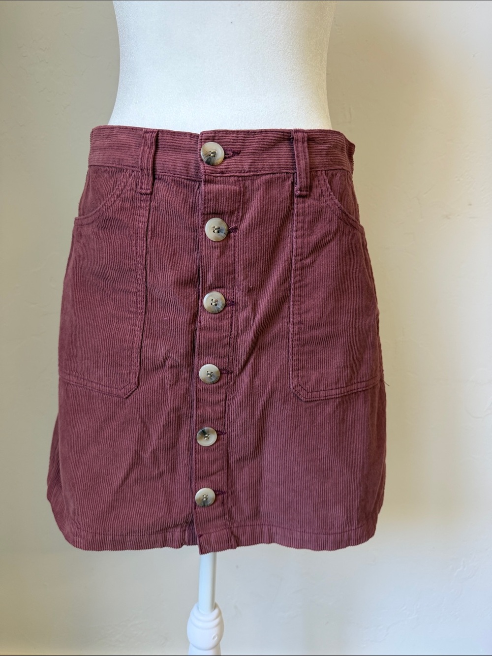 Kensie Button-Front Corduroy Mini Skirt in Dusty Rose